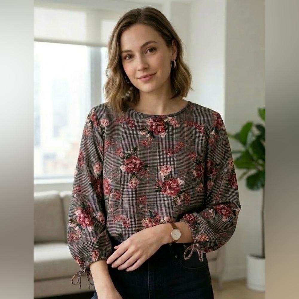 Massini Floral Plaid Long-Sleeve Blouse - Burgundy Floral